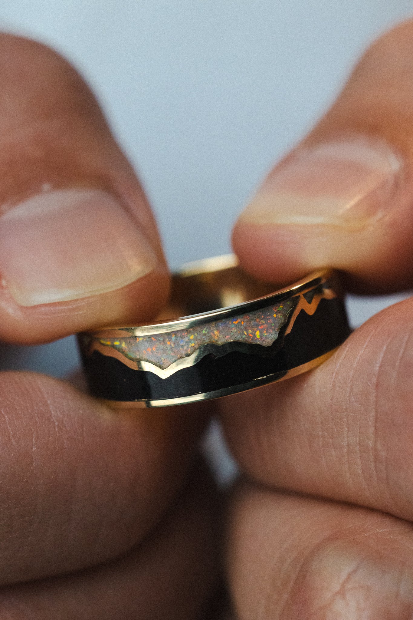 "PEAK" - WHITE OPAL & JET STONE INLAY WITH MOUNTAIN RANGE WEDDING BAND-4