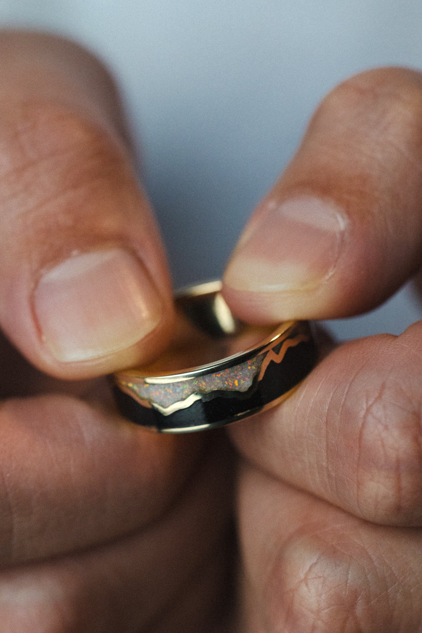 "PEAK" - WHITE OPAL & JET STONE INLAY WITH MOUNTAIN RANGE WEDDING BAND-5