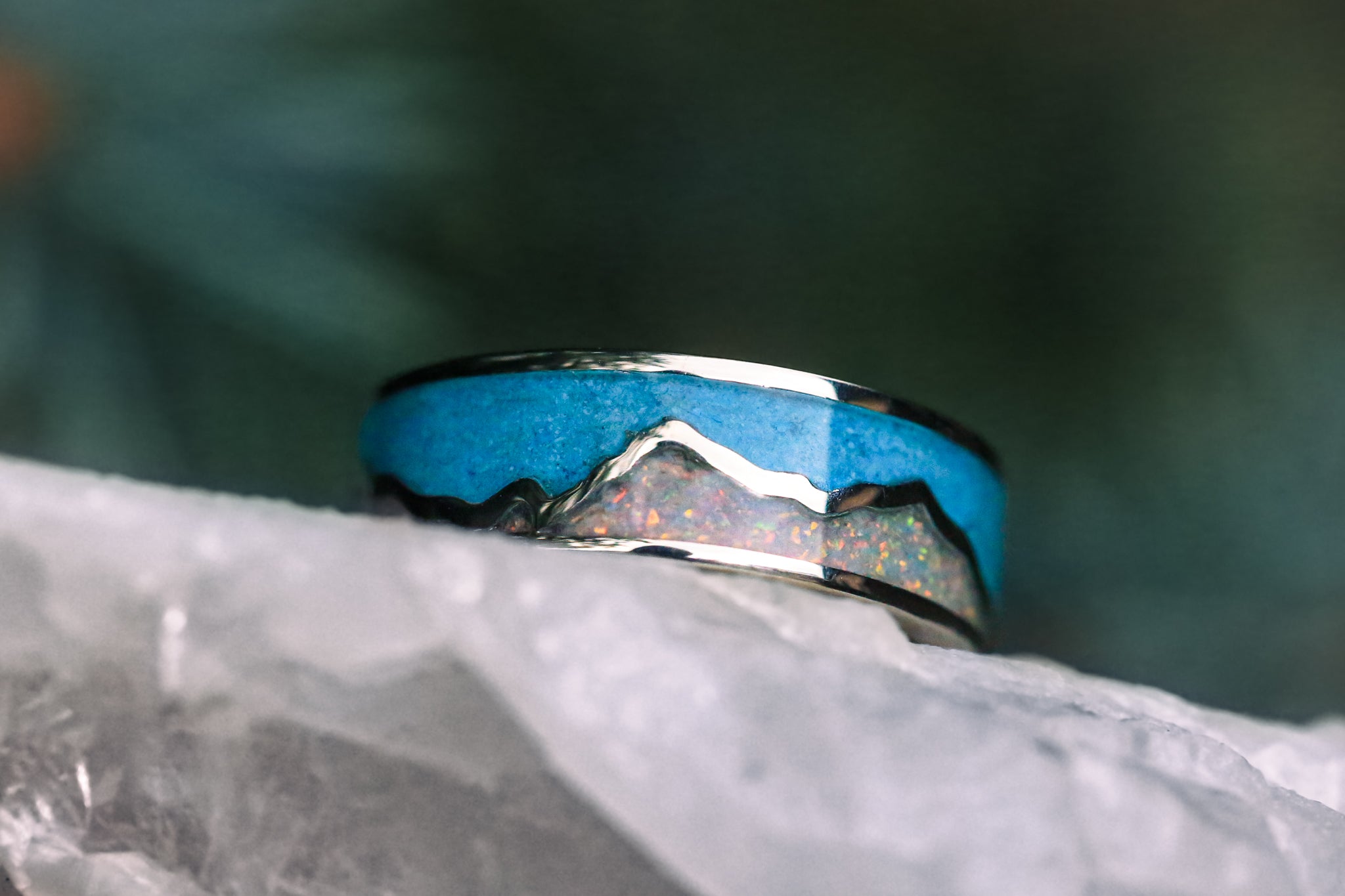 "PEAK" - WHITE OPAL & TURQUOISE INLAY WITH MOUNTAIN RANGE WEDDING BAND-7