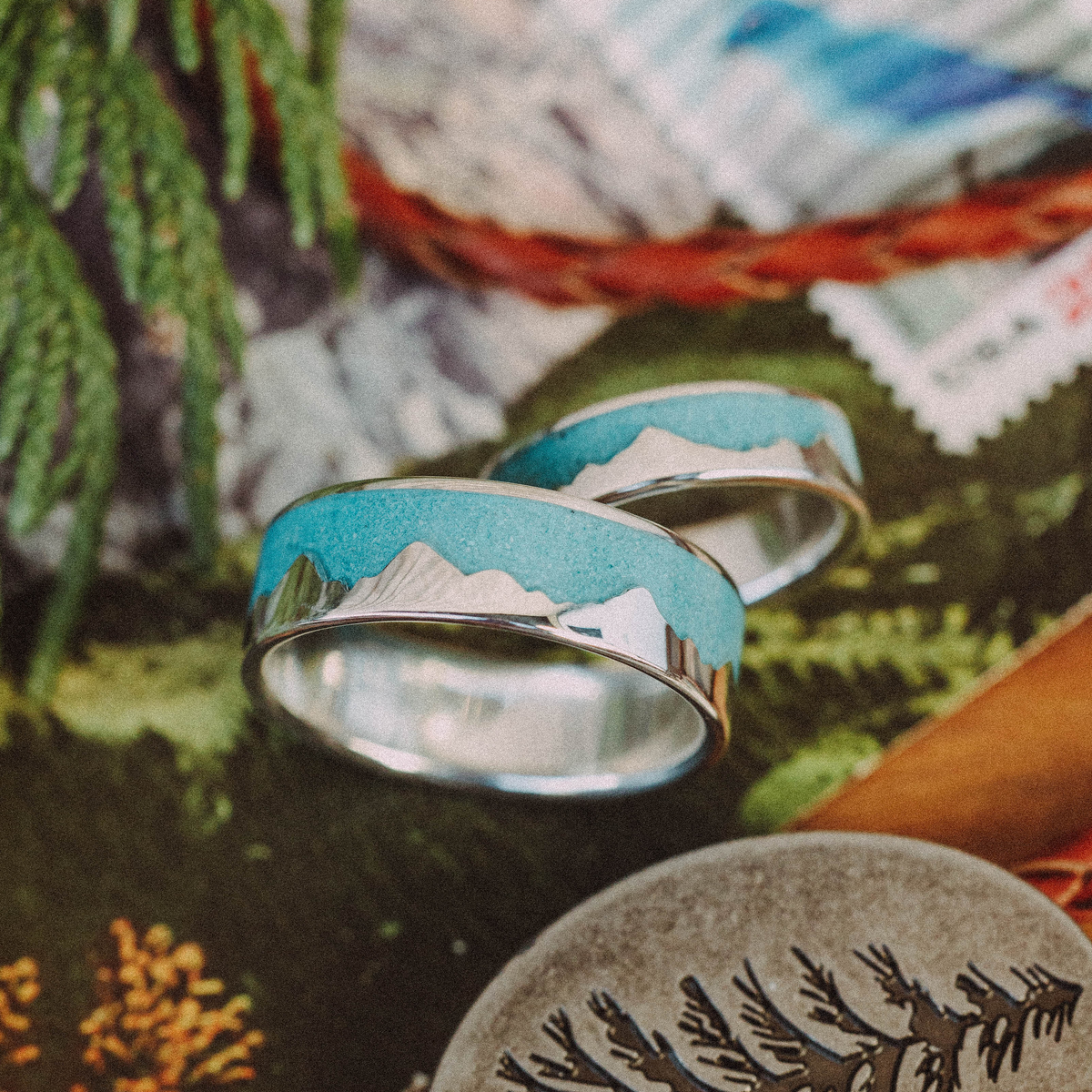 "Helios" - Mountain Range Men's Wedding Band With Turquoise-Staghead Designs
