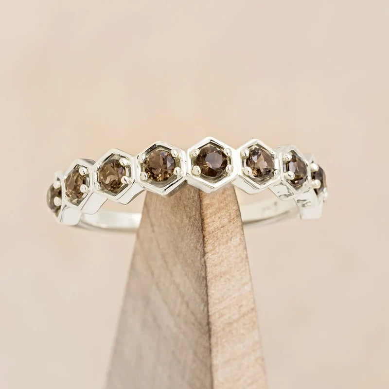 Hexagon Stacking Band with Smoky Quartz Accents - 14K White Gold - Size 5 1/2