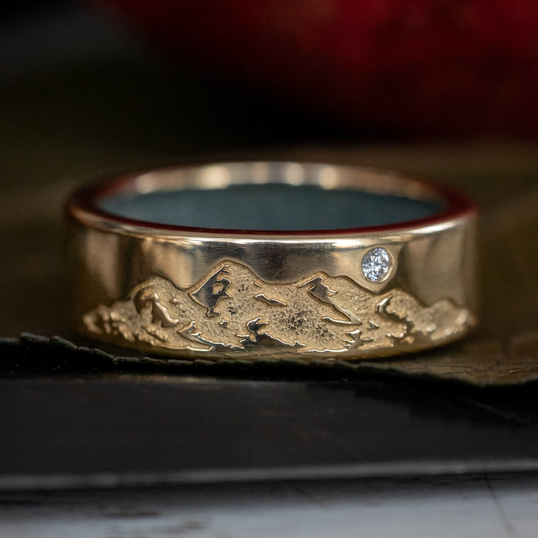 "Horizon" - Mountain Engraved Wedding Band With Custom Lining & Diamond Accent-Staghead Designs