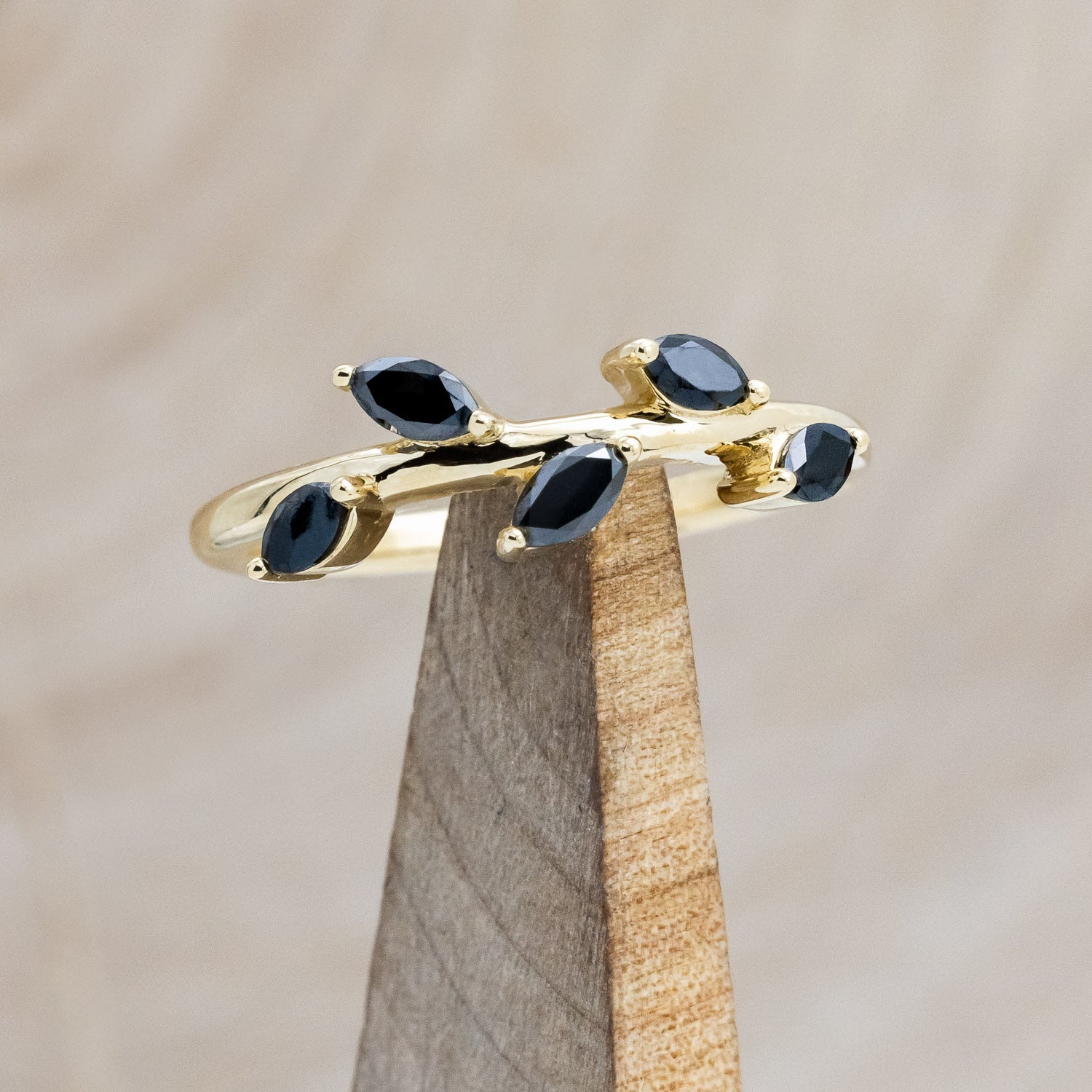 "IDHAL" - MARQUISE BLACK DIAMONDS LEAF RING WITH 14K GOLD-1