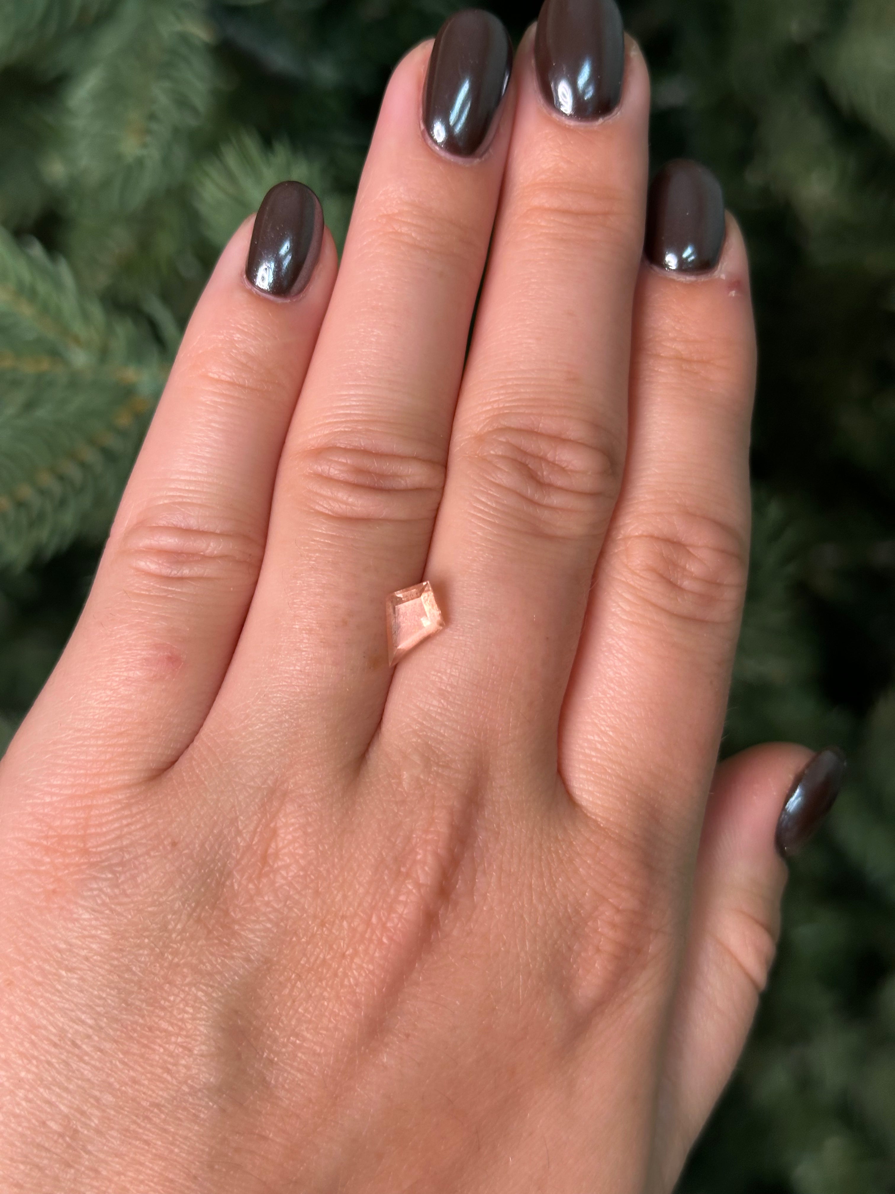 Hand with a sunstone sitting on fingers against a blurred green background