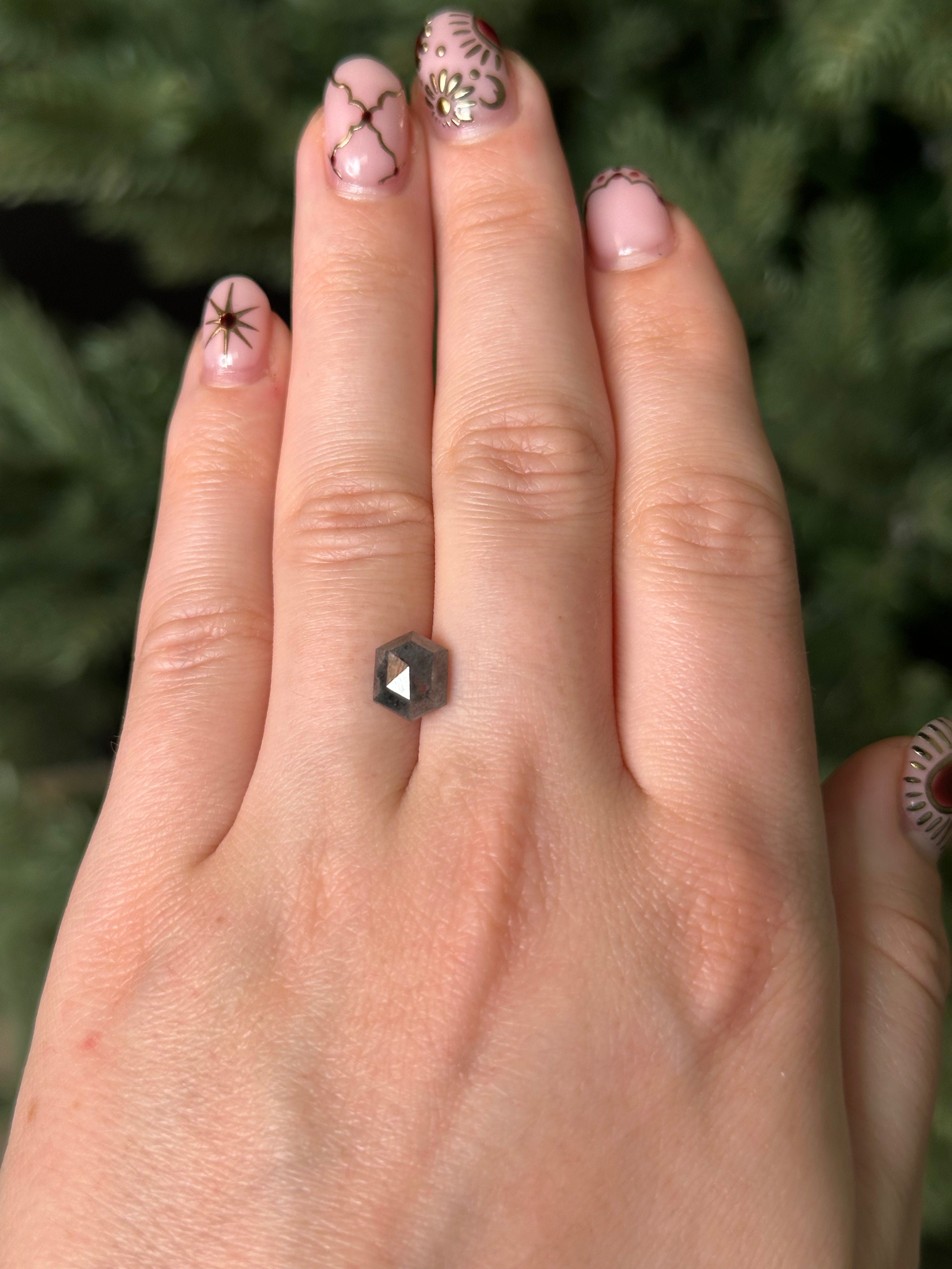 1.9ct 9.07x7.10x3.27mm HEXAGON ROSECUT SALT & PEPPER DIAMOND-Staghead Designs