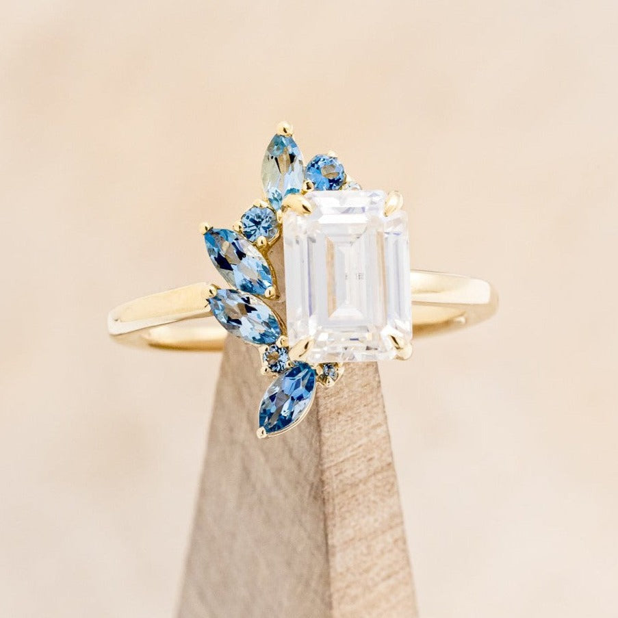 "ISABELLA" - EMERALD CUT MOISSANITE ENGAGEMENT RING WITH AQUAMARINE ACCENTS-1