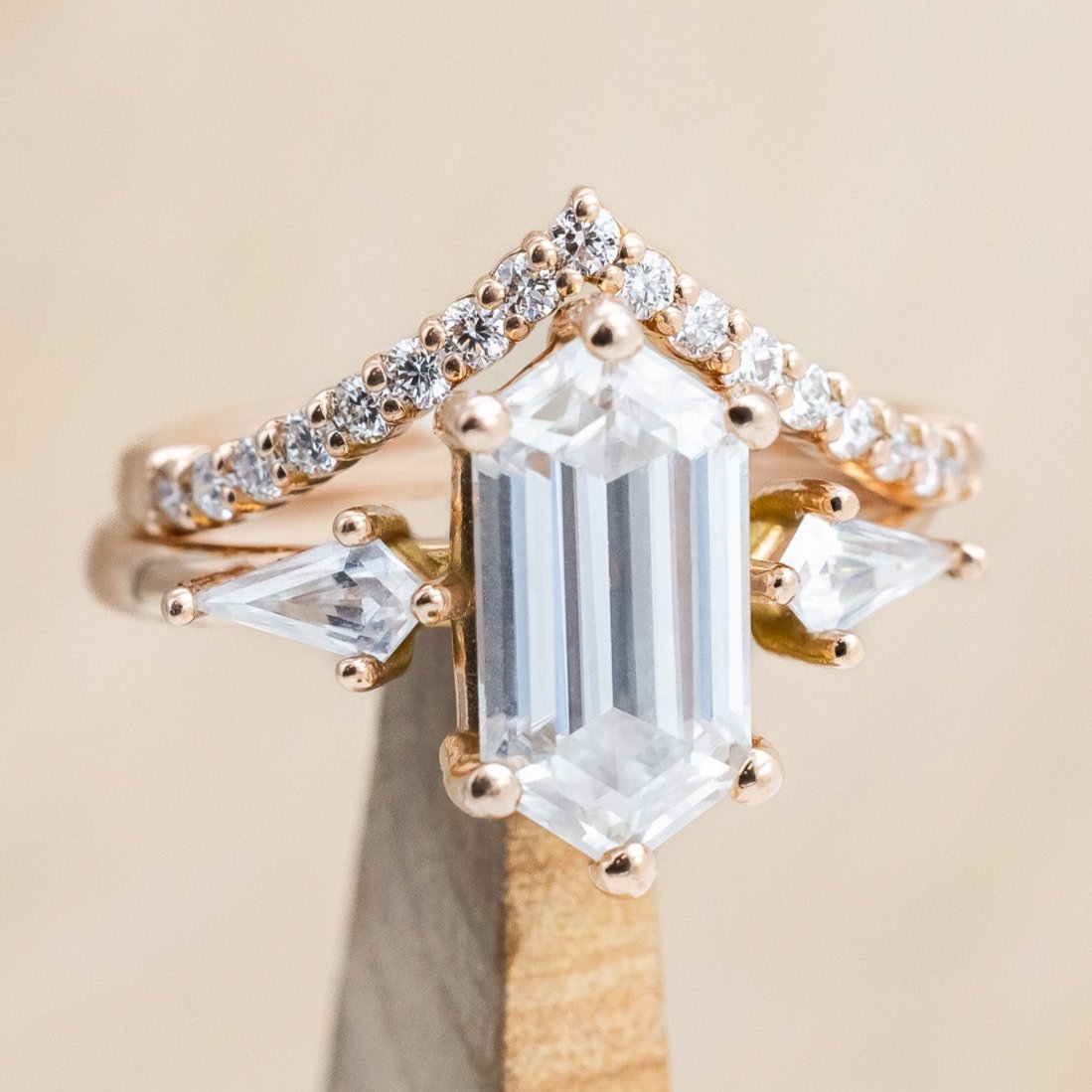 "ISLA" - ELONGATED HEXAGON CUT MOISSANITE ENGAGEMENT RING WITH MOISSANITE ACCENTS & A DIAMOND TRACER-Staghead Designs