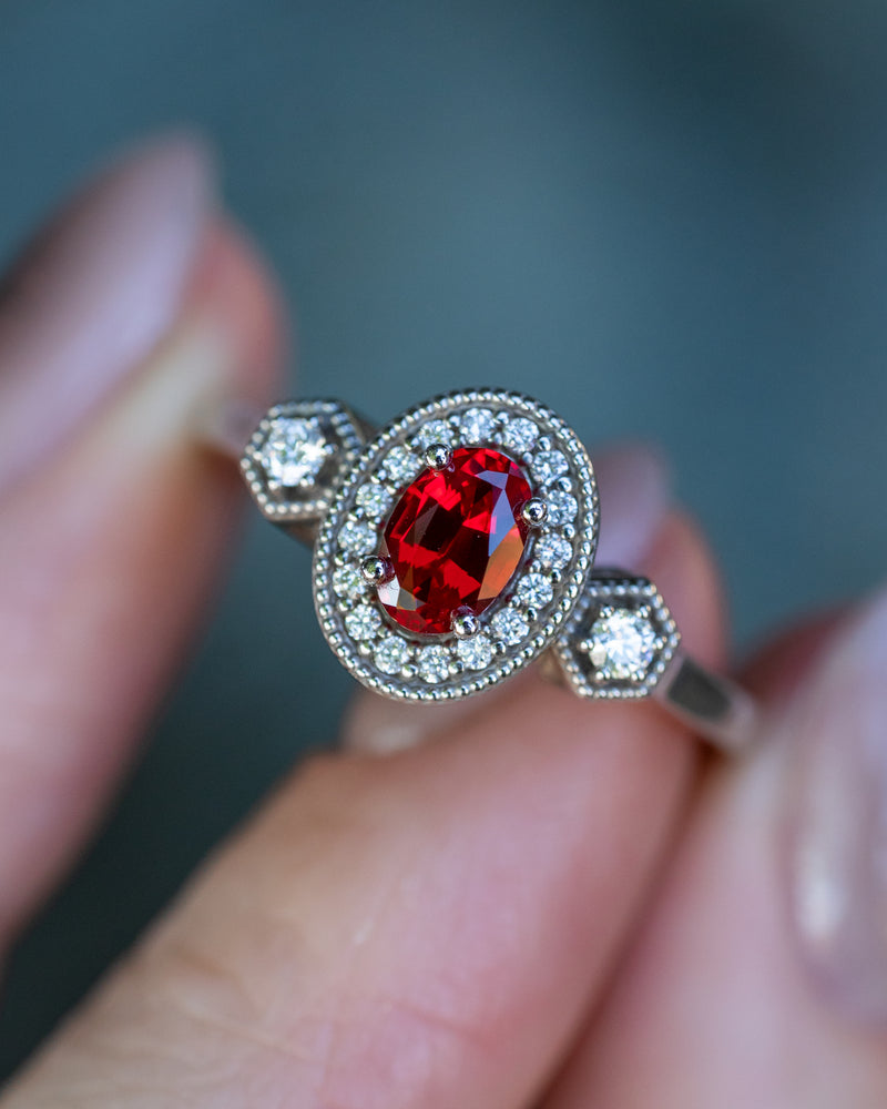 "AMELIA" - OVAL LAB-GROWN RUBY ENGAGEMENT RING WITH DIAMOND HALO & ACCENTS - 14K WHITE GOLD - SIZE 6 3/4-Staghead Designs