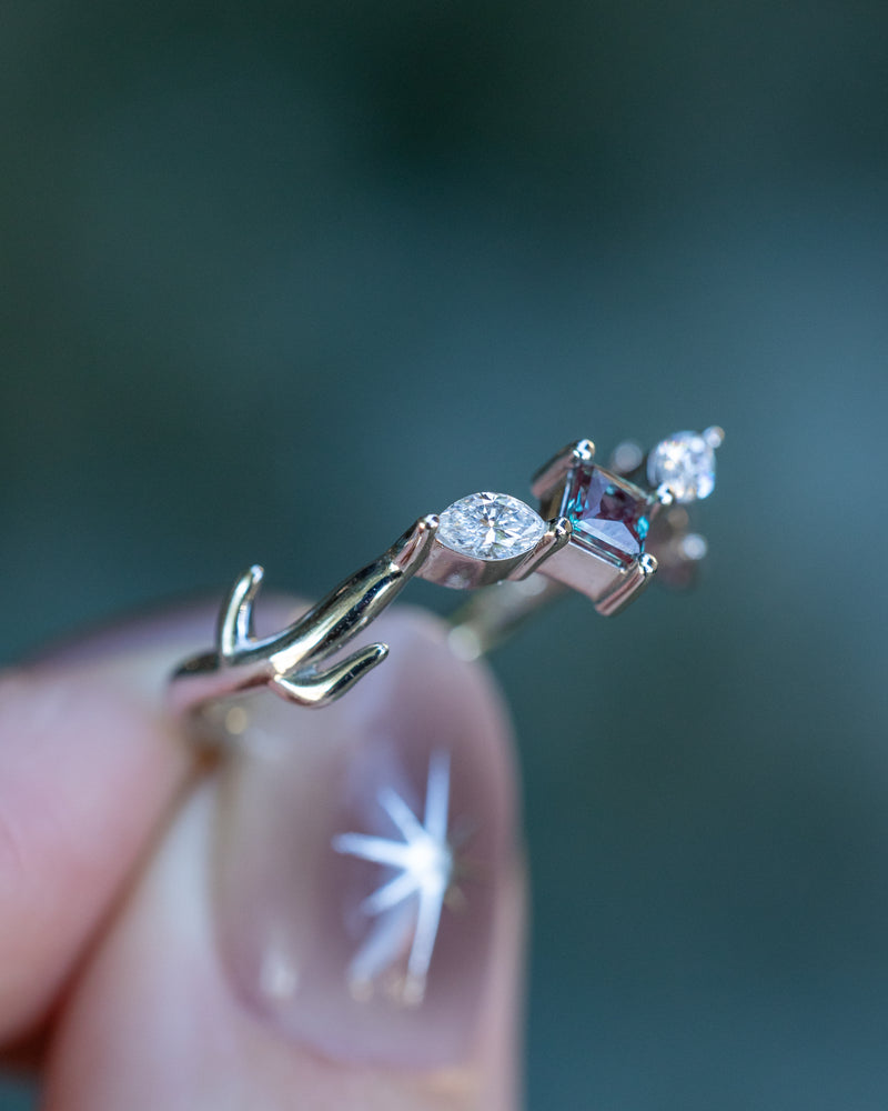 "ARTEMIS" - PRINCESS CUT LAB-GROWN ALEXANDRITE ENGAGEMENT RING WITH MARQUISE DIAMOND ACCENTS - 14K WHITE GOLD - SIZE 5 3/4-Staghead Designs