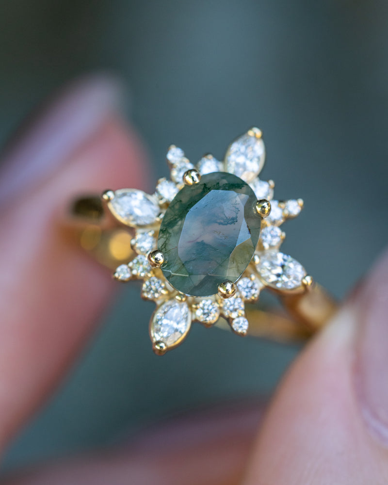 "AZALEA" - OVAL MOSS AGATE ENGAGEMENT RING WITH DIAMOND HALO - 14K YELLOW GOLD - SIZE 7-Staghead Designs