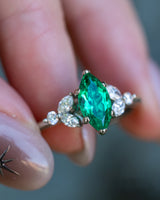 "BLOSSOM" - MARQUISE CUT LAB-GROWN EMERALD ENGAGEMENT RING WITH LEAF-SHAPED DIAMOND ACCENTS - 14K WHITE GOLD - SIZE 7 1/2-Staghead Designs