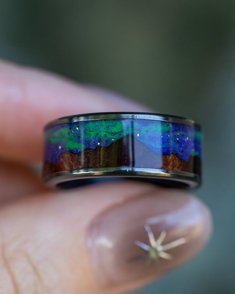 "BOREALIS" - MOUNTAIN ENGRAVED WEDDING RING WITH REDWOOD & GLOW IN THE DARK NORTHERN LIGHTS - BLACK ZIRCONIUM - SIZE 6 1/2-Staghead Designs