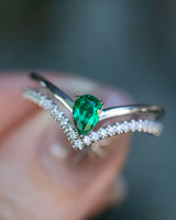 "CICELY" - PEAR-SHAPED LAB-GROWN EMERALD ENGAGEMENT RING WITH DIAMOND ACCENTS - 14K WHITE GOLD - SIZE 7-Staghead Designs