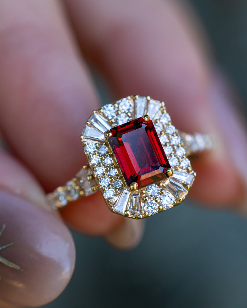 "CLANCY" - EMERALD CUT GARNET ENGAGEMENT RING WITH LAB-GROWN DIAMOND ACCENTS - 14K YELLOW GOLD - SIZE 7-Staghead Designs