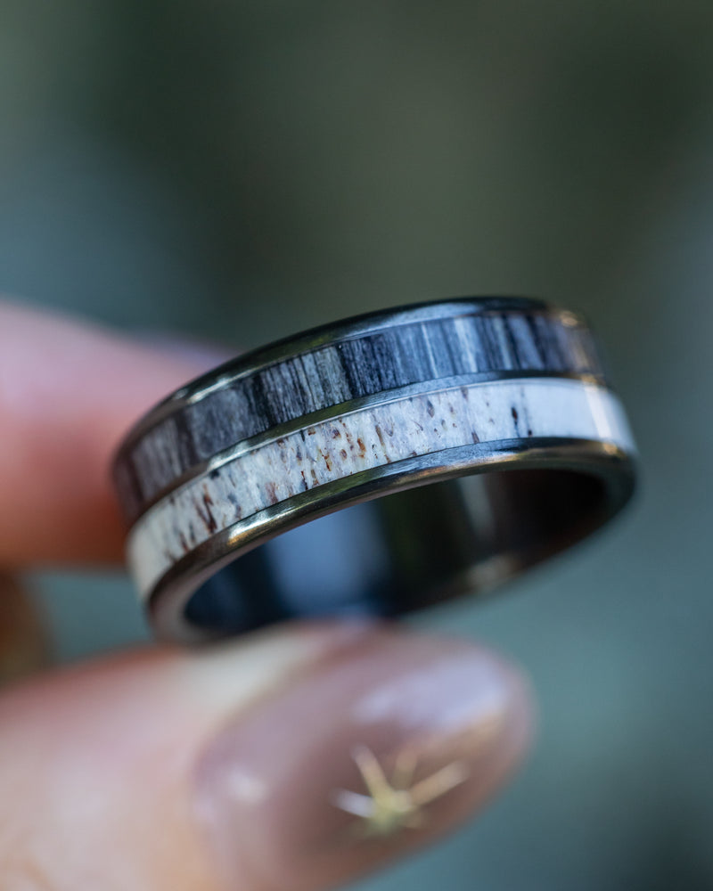 "DYAD" - ANTLER & GREY BIRCH WOOD WEDDING BAND - BLACK ZIRCONIUM - SIZE 10-Staghead Designs