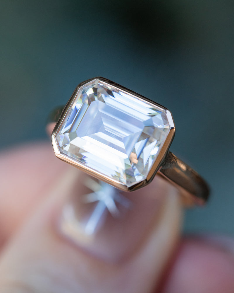 "EDITH" - EMERALD CUT MOISSANITE SOLITAIRE ENGAGEMENT RING WITH DIAMOND ACCENTS - 14K ROSE GOLD - SIZE 7-Staghead Designs