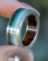 "ELEMENT" - IRONWOOD LINING WITH PATINA COPPER, ANTLER & TURQUOISE INLAYS WEDDING RING - SIZE 7 3/4-Staghead Designs