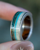 "ELEMENT" - IRONWOOD LINING WITH PATINA COPPER, ANTLER & TURQUOISE INLAYS WEDDING RING - SIZE 7 3/4-Staghead Designs