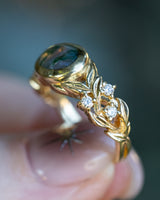 "ELORA" - OVAL MOSS AGATE ENGAGEMENT RING WITH DIAMOND ACCENTS - 14K YELLOW GOLD - SIZE 6-Staghead Designs