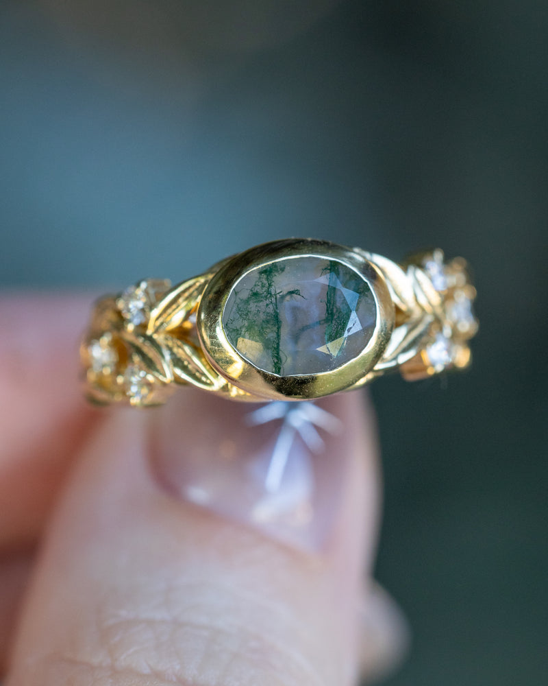 "ELORA" - OVAL MOSS AGATE ENGAGEMENT RING WITH DIAMOND ACCENTS - 14K YELLOW GOLD - SIZE 6-Staghead Designs