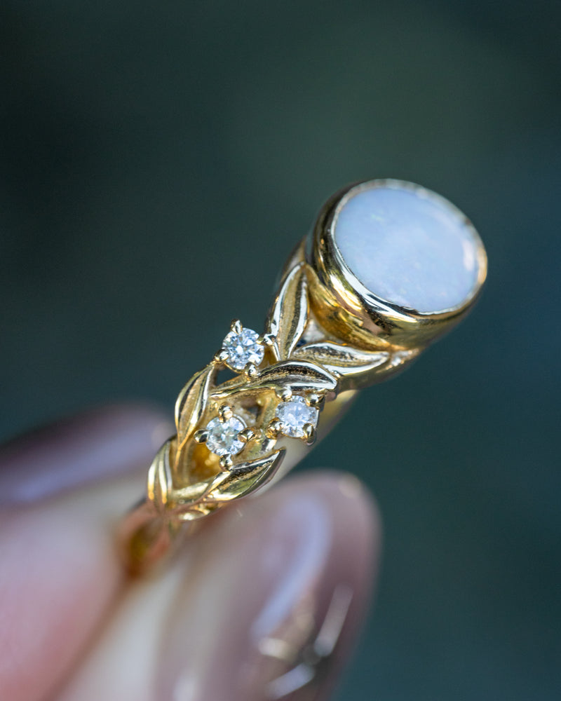 "ELORA" - OVAL OPAL ENGAGEMENT RING WITH DIAMOND ACCENTS - 14K YELLOW GOLD - SIZE 7-Staghead Designs