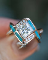 "HELIX" - 2CT PRINCESS CUT MOISSANITE ENGAGEMENT RING WITH DIAMOND ACCENTS & TURQUOISE INLAYS - 14K ROSE GOLD - SIZE 6-Staghead Designs