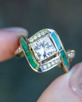 "HELIX" - 2 CT PRINCESS CUT MOISSANITE ENGAGEMENT RING WITH DIAMOND ACCENTS & MALACHITE INLAYS - 14K WHITE GOLD - SIZE 6 1/2-Staghead Designs