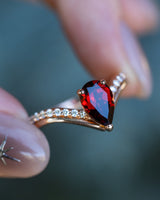 "IO" - PEAR-SHAPED GARNET ENGAGEMENT RING WITH DIAMOND ACCENTS - 14K ROSE GOLD - SIZE 7-Staghead Designs