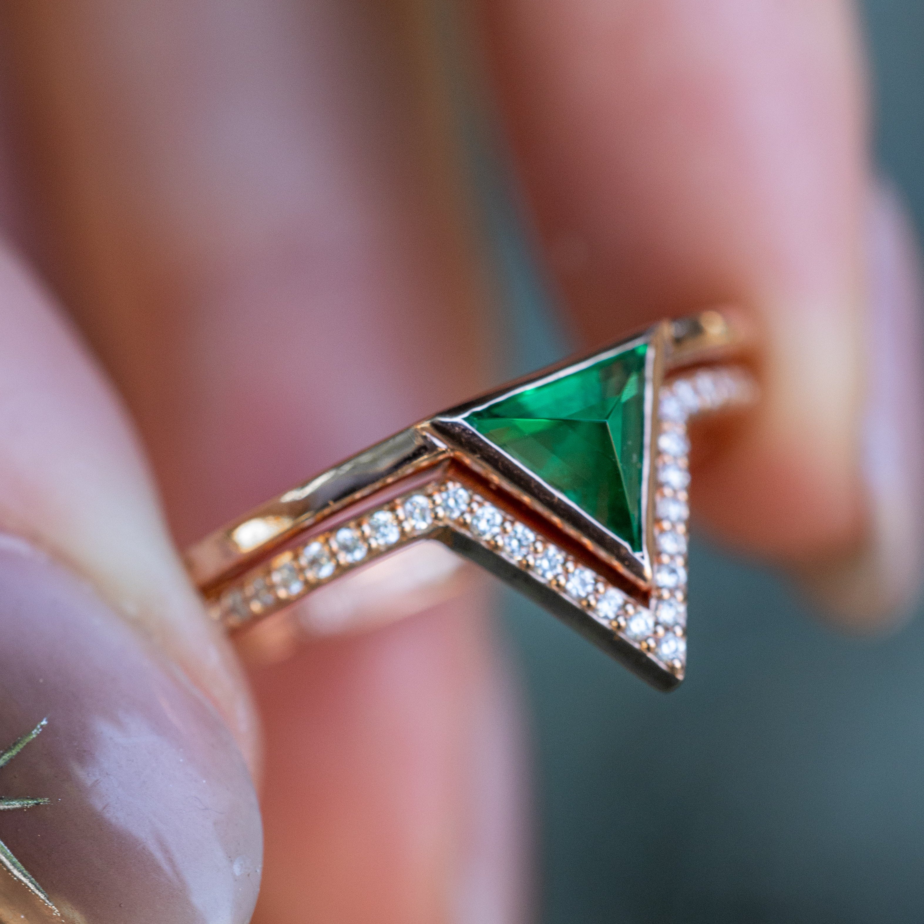 "Jenny" - Triangle Cut Lab-Grown Emerald Engagement Ring With Diamond Tracer - 14K Rose Gold - Size 7