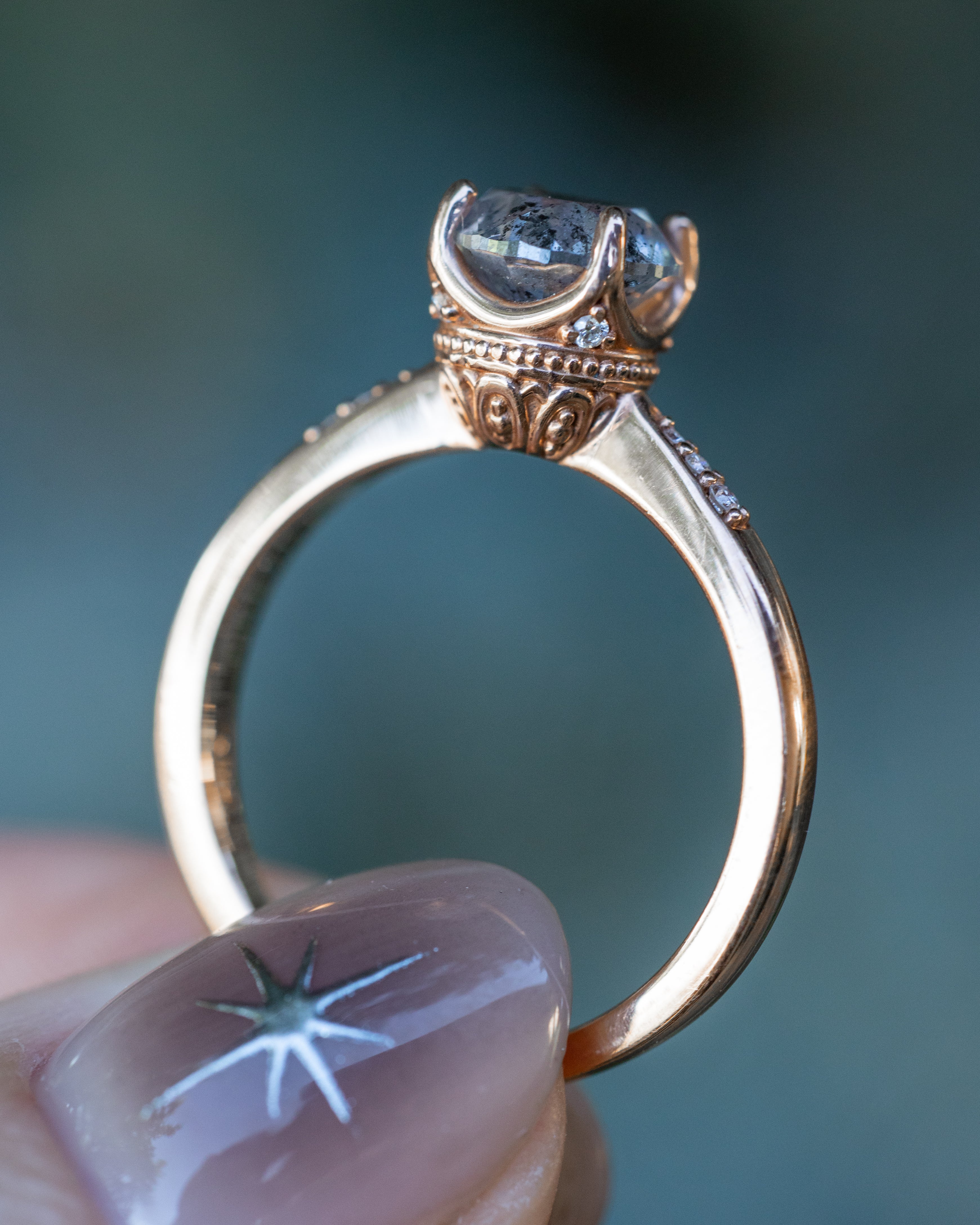 "JUNE" - ROUND CUT SALT & PEPPER DIAMOND ENGAGEMENT RING WITH DIAMOND ACCENTS - 14K ROSE GOLD - SIZE 6 3/4-Staghead Designs