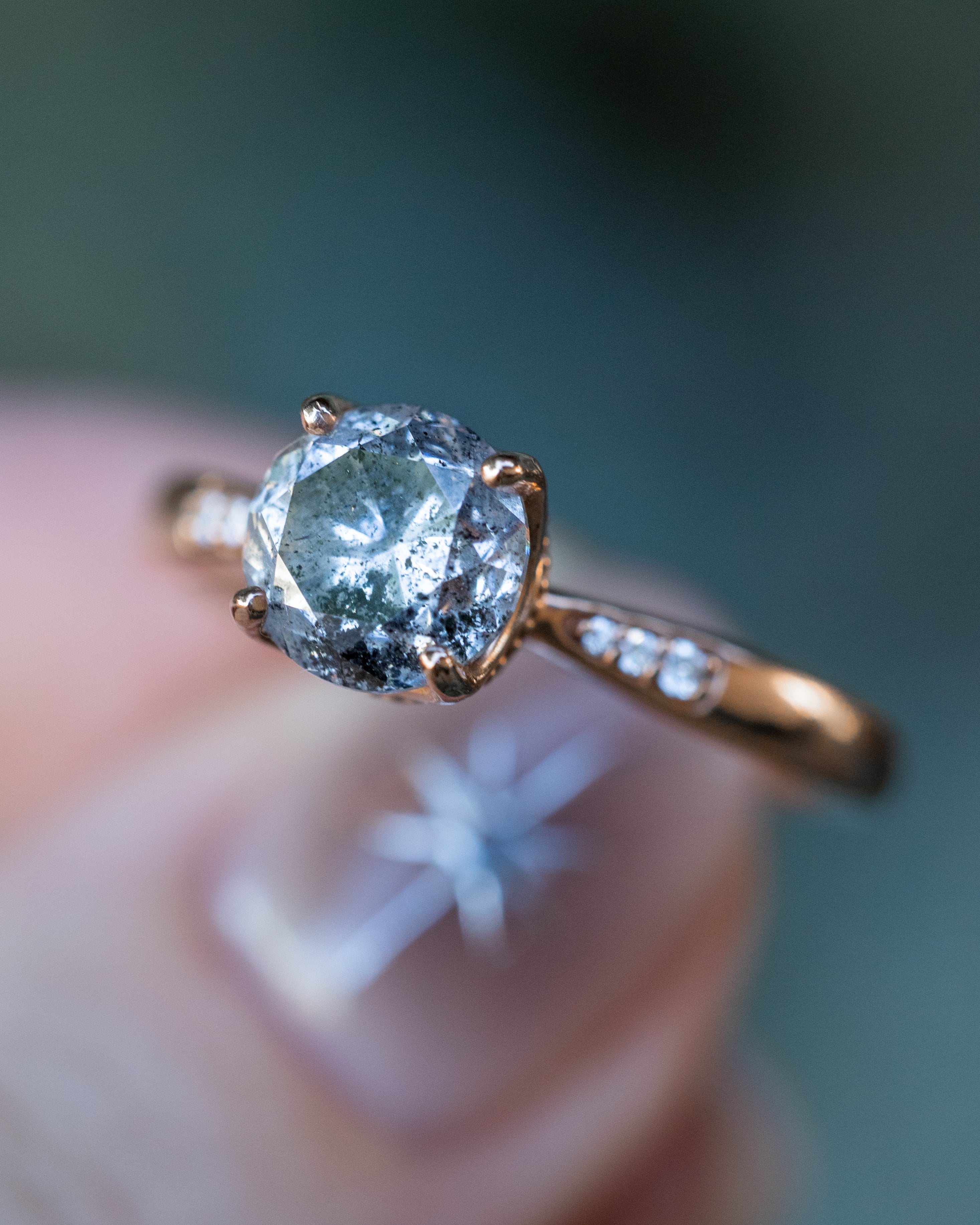 "JUNE" - ROUND CUT SALT & PEPPER DIAMOND ENGAGEMENT RING WITH DIAMOND ACCENTS - 14K ROSE GOLD - SIZE 6 3/4-Staghead Designs