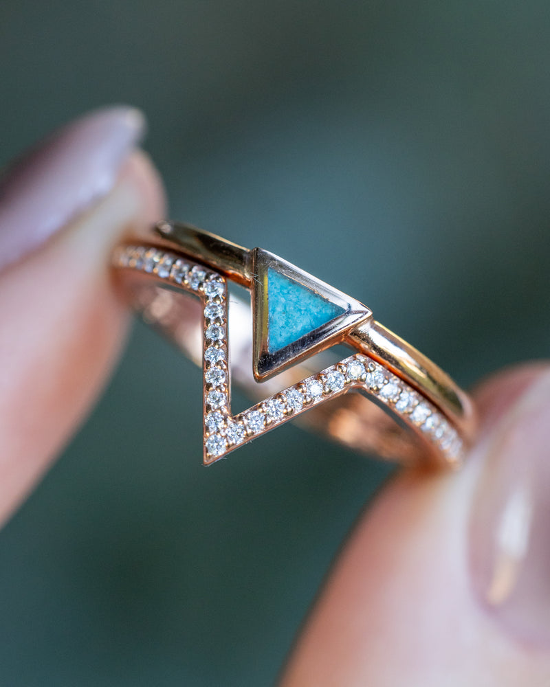 "MERA" - TRIANGLE TURQUOISE ENGAGEMENT RING WITH A DIAMOND V-SHAPED STACKER - 14K ROSE GOLD - 7 1/4-Staghead Designs