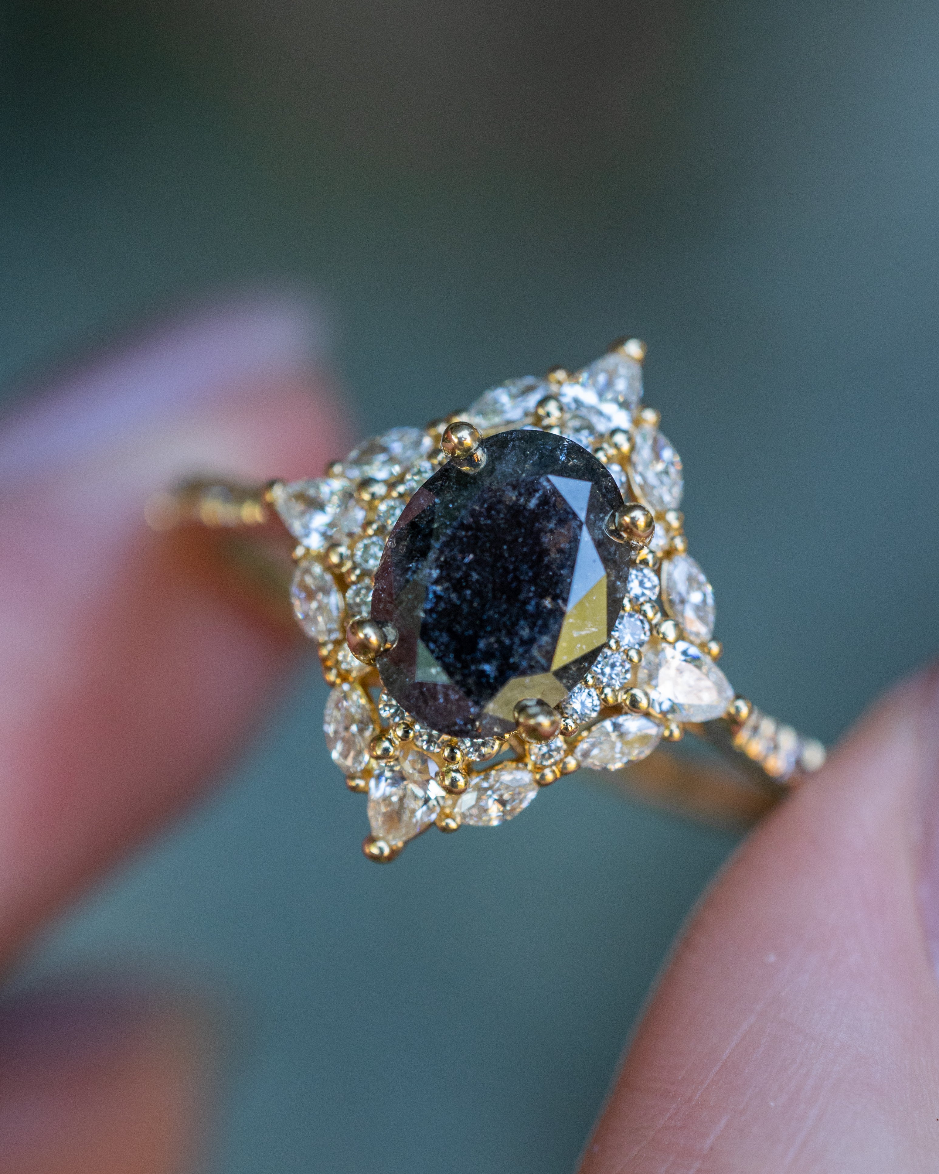 "North Star" - Oval Salt & Pepper Diamond Engagement Ring With Diamond Halo & Accents-Staghead Designs