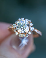 "OPHELIA" - CUSHION CUT MOISSANITE ENGAGEMENT RING WITH DIAMOND HALO & ACCENTS- 14K ROSE GOLD - SIZE 6-Staghead Designs