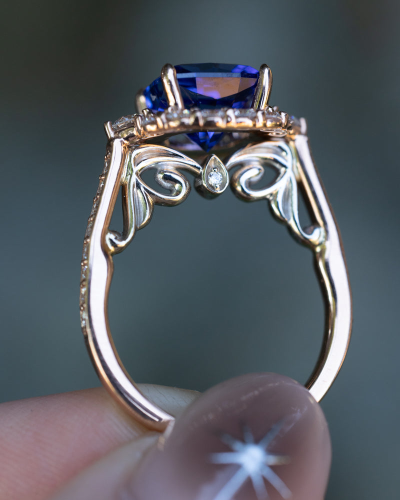 "OPHELIA" - CUSHION CUT TANZANITE ENGAGEMENT RING WITH DIAMOND HALO & ACCENTS - 14K ROSE GOLD & 14K WHITE GOLD - SIZE 4 1/2-Staghead Designs