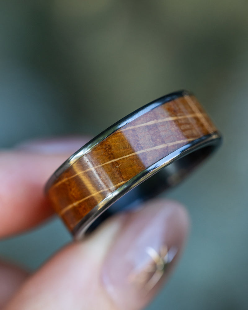 "RAINIER" - WHISKEY BARREL OAK WEDDING RING - BLACK ZIRCONIUM - SIZE 10 1/2-Staghead Designs