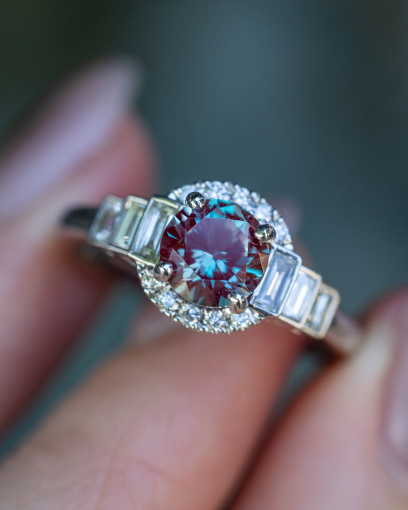 "RONA" - ROUND CUT LAB-GROWN ALEXANDRITE ENGAGEMENT RING WITH LAB-GROWN DIAMOND HALO & ACCENTS - 14K WHITE GOLD - SIZE 7-Staghead Designs