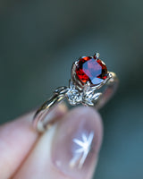 "ROSA" - ROUND CUT MOZAMBIQUE GARNET ENGAGEMENT RING WITH FLOWER ACCENTS - 14K WHITE GOLD - SIZE 6 3/4-Staghead Designs