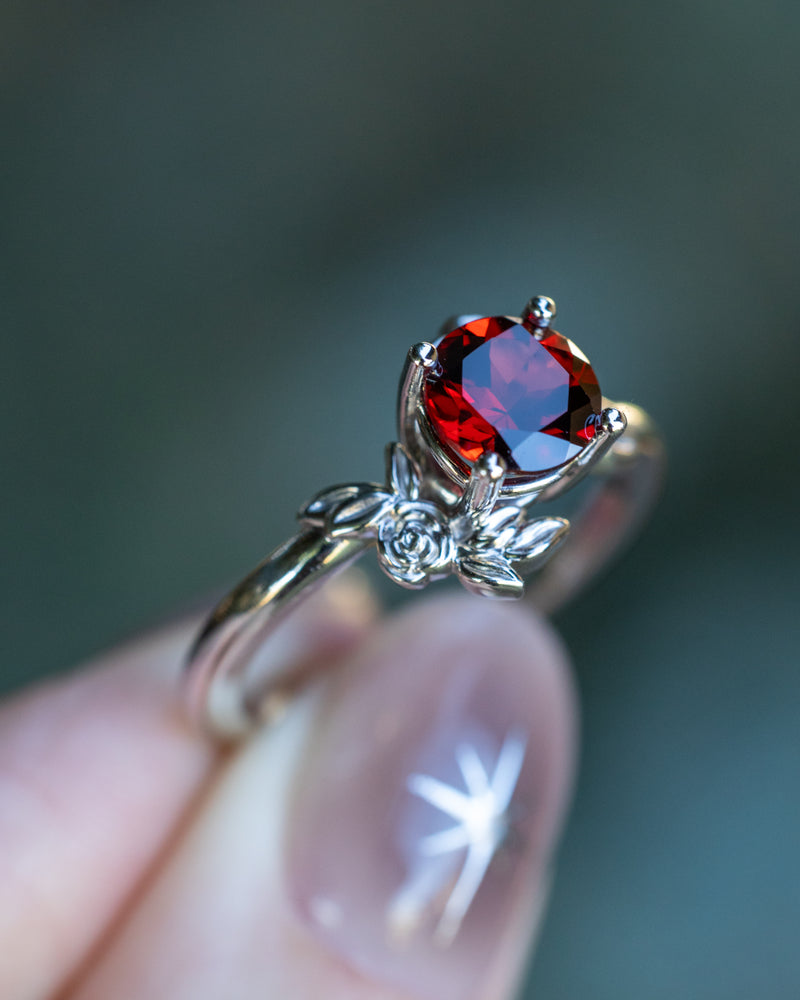 "ROSA" - ROUND CUT MOZAMBIQUE GARNET ENGAGEMENT RING WITH FLOWER ACCENTS - 14K WHITE GOLD - SIZE 6 3/4-Staghead Designs