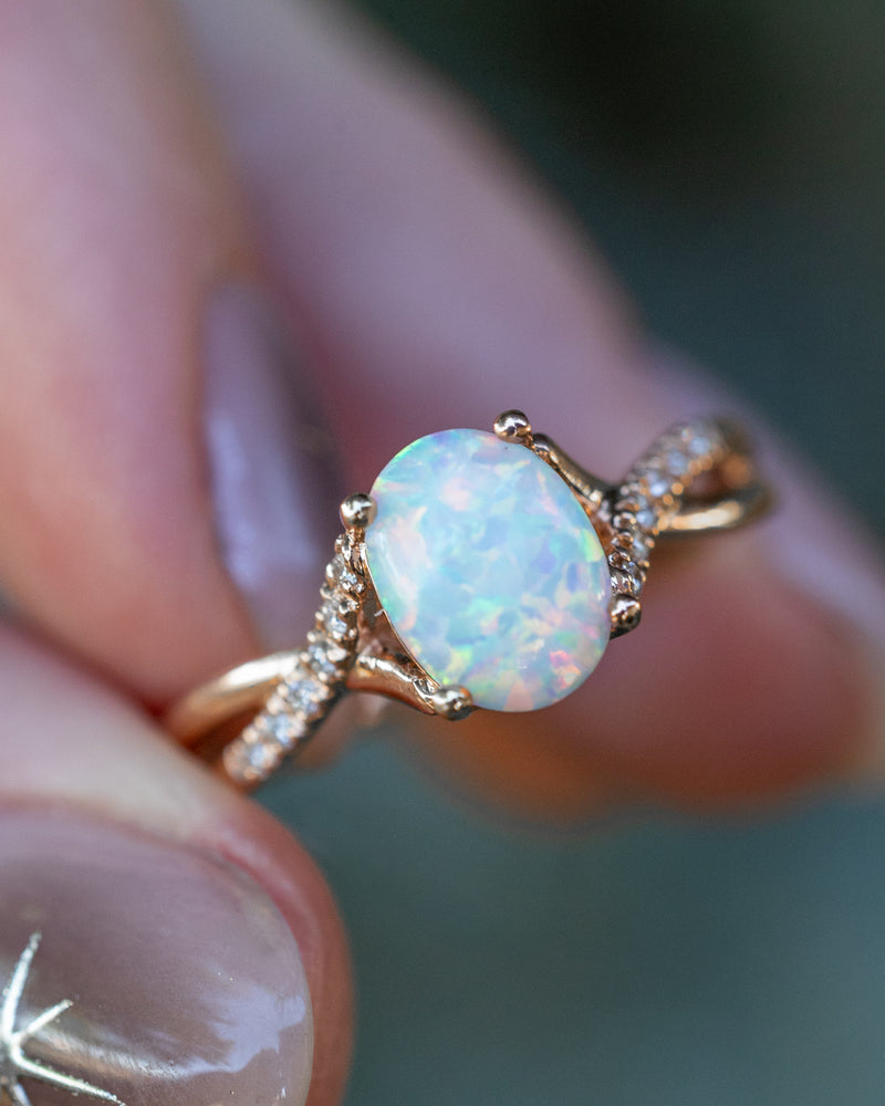 "ROSLYN" - OVAL OPAL ENGAGEMENT RING WITH DIAMOND ACCENTS - 14K ROSE GOLD - SIZE 5 1/4-Staghead Designs