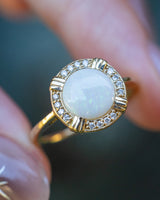 ROUND CUT WHITE OPAL ENGAGEMENT RING WITH DIAMOND HALO - 14K YELLOW GOLD - SIZE 6-Staghead Designs