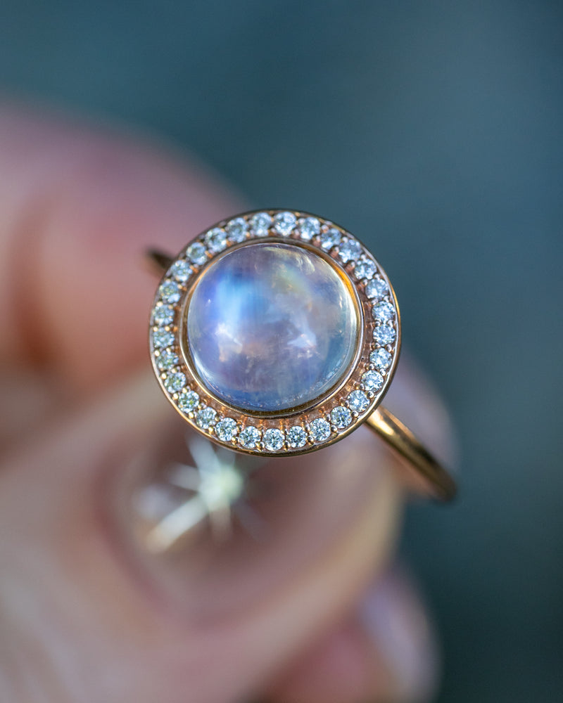 "TERRA" - ROUND CUT MOONSTONE ENGAGEMENT RING WITH DIAMOND HALO - 14K ROSE GOLD - SIZE 6 3/4-Staghead Designs