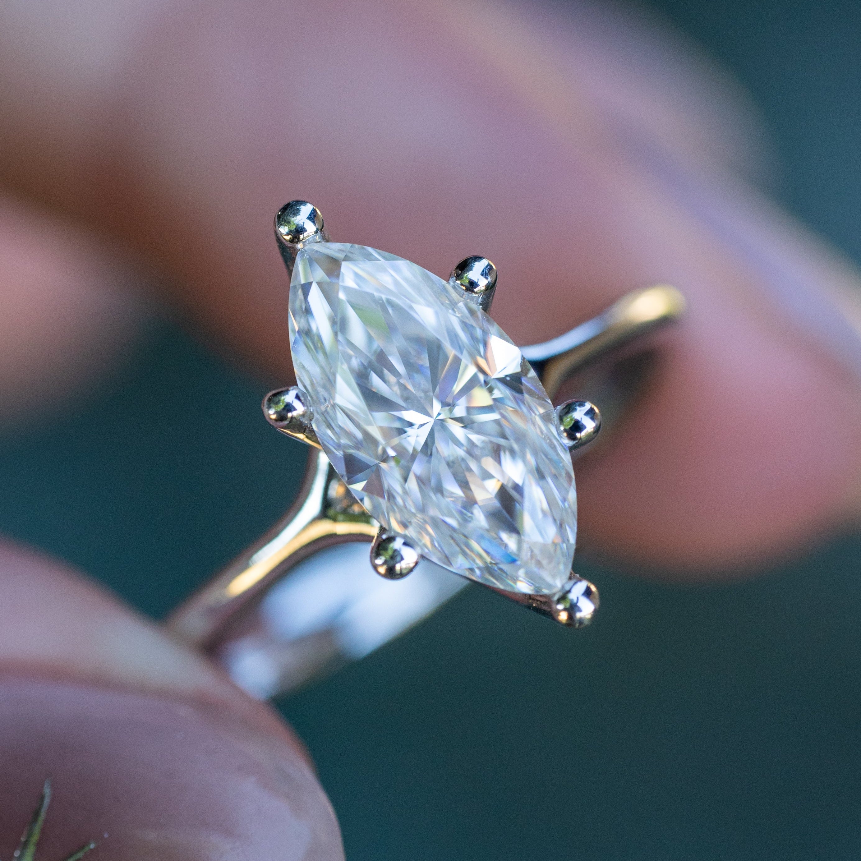 "Tulip" - Marquise Cut Moissanite Engagement Ring - 14K White Gold - Size 7 1/4