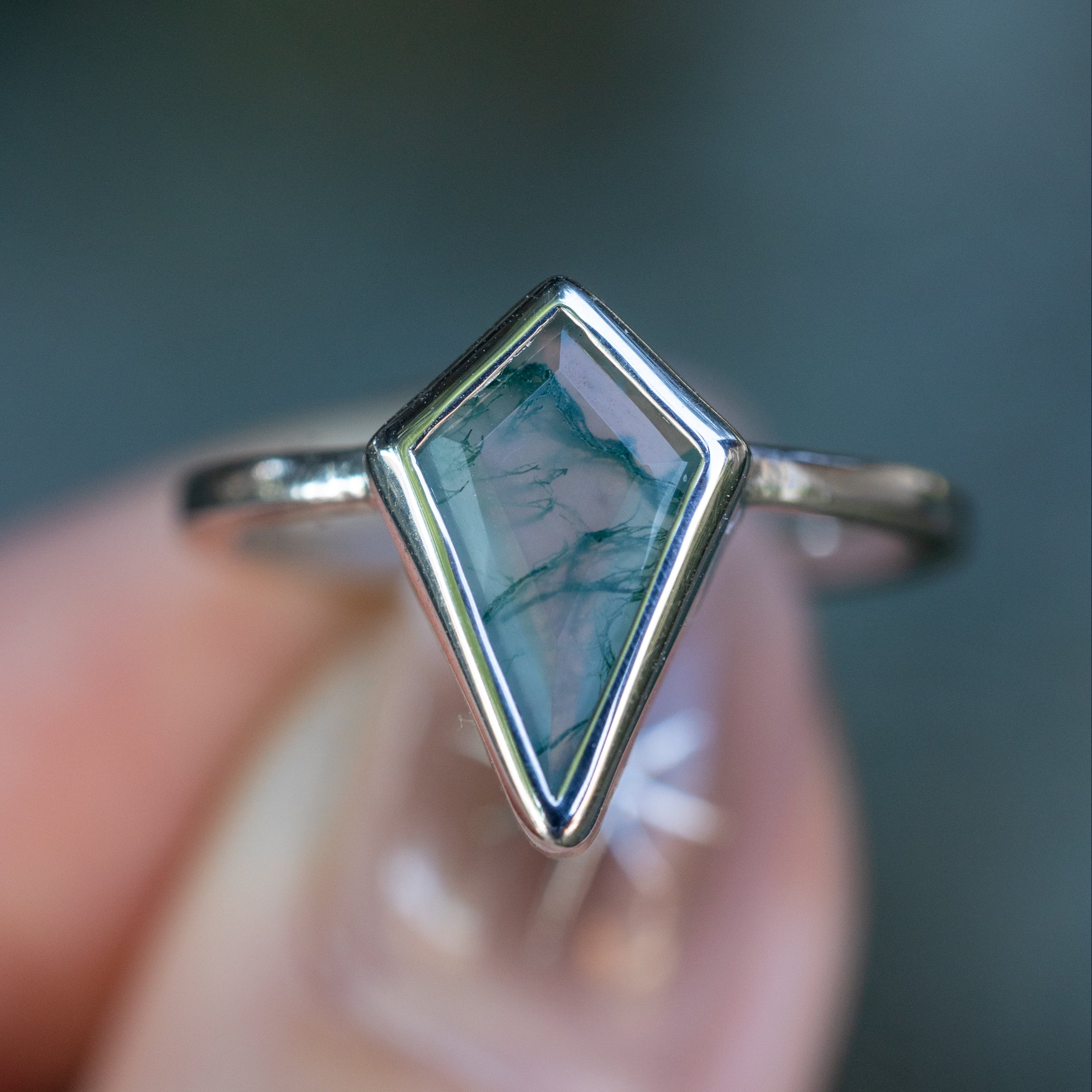 "Willa" - Kite Cut Moss Agate Solitaire Engagement Ring - 14K White Gold - Size 11