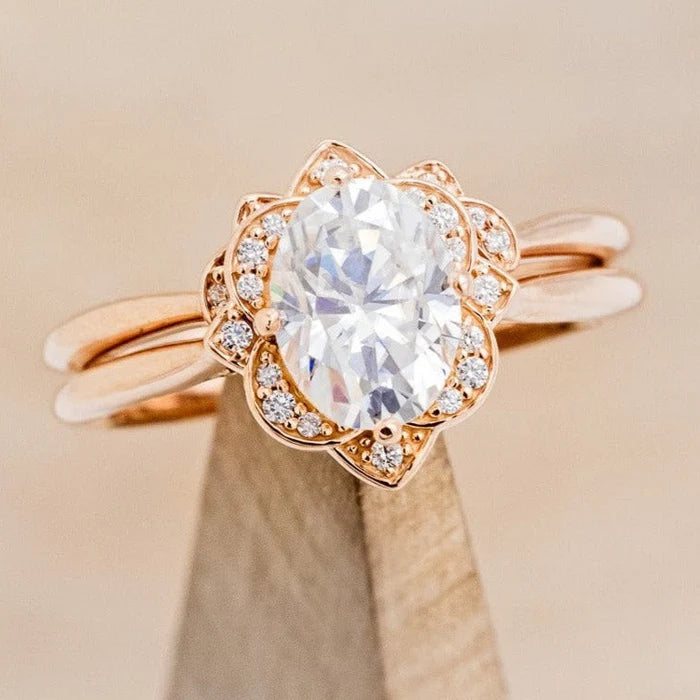 "Jane" - Oval Cut Moissanite Engagement Ring With Diamond Accents & Tracer - 14K Rose Gold - Size 4