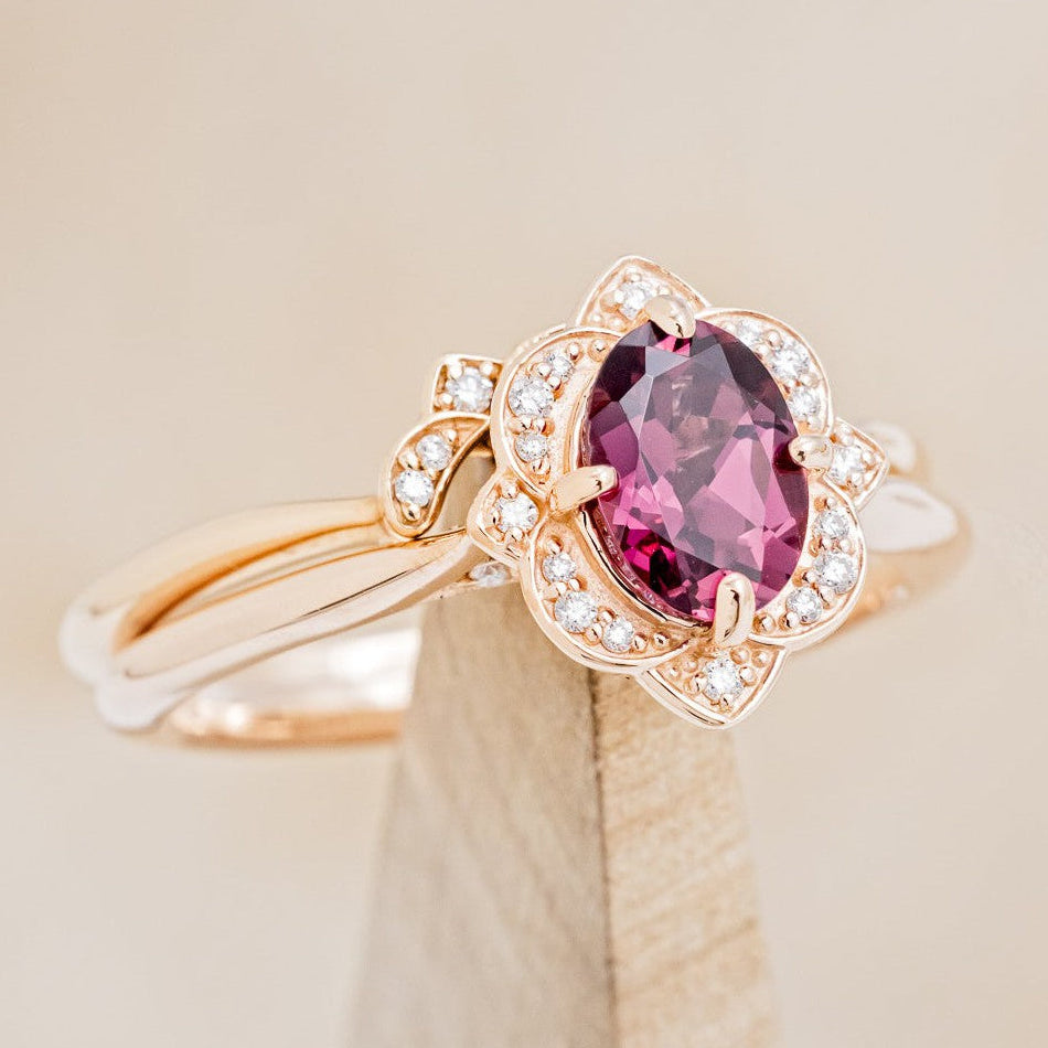 "JANE" - OVAL CUT RHODOLITE GARNET ENGAGEMENT RING WITH DIAMOND ACCENTS & TRACER-1