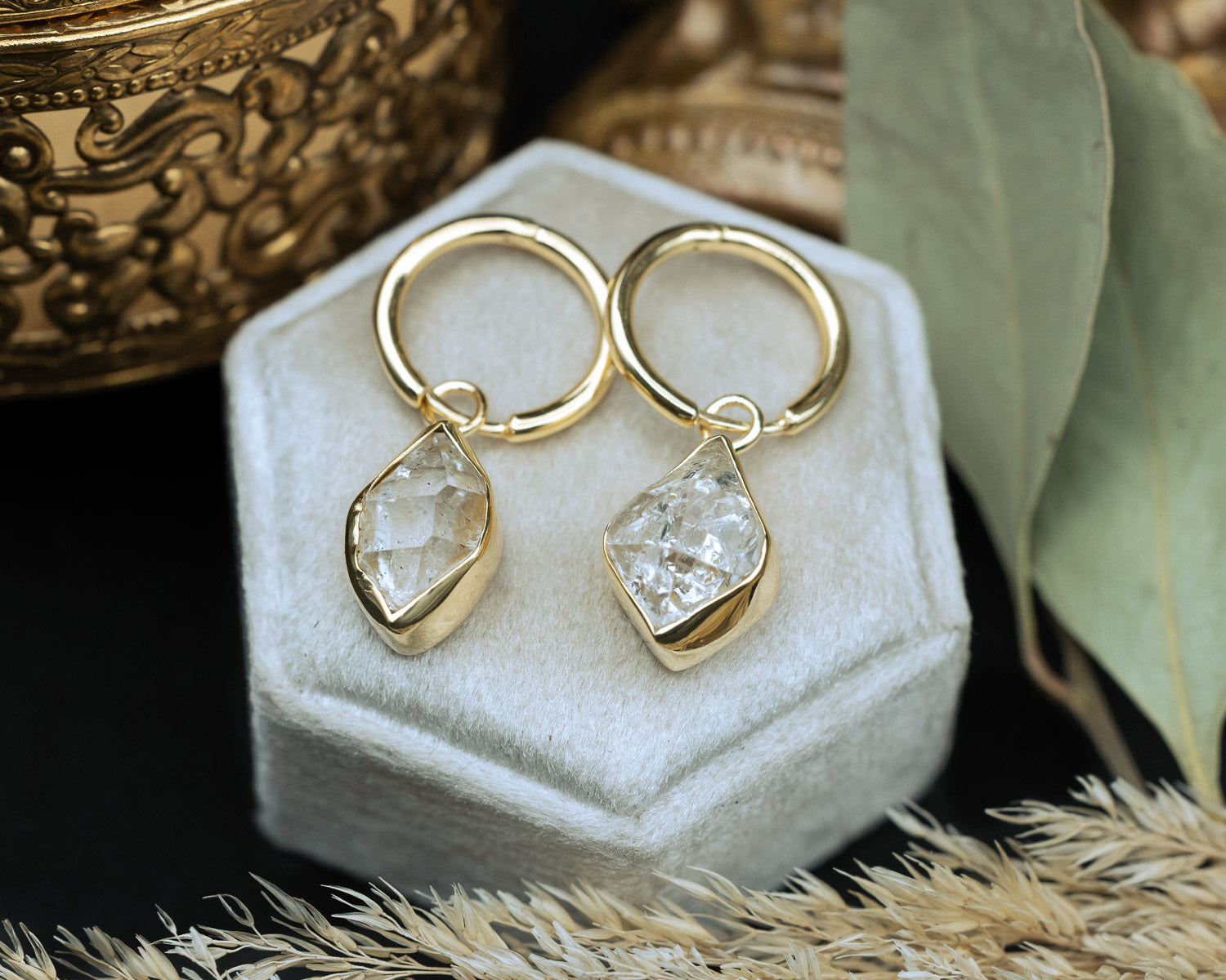 Product photo of 18K Gold Vermeil Herkimer Diamond Quartz Dangle Earrings with a 925 Sterling Silver Base