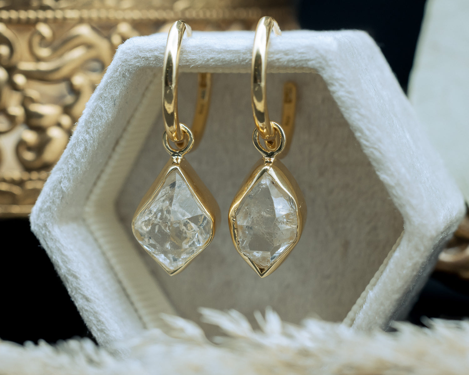Product photo of 18K Gold Vermeil Herkimer Diamond Quartz Dangle Earrings with a 925 Sterling Silver Base