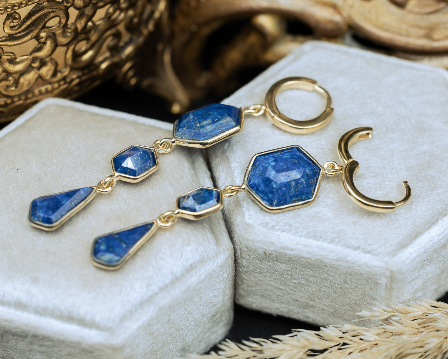 Product photo of 18K Gold Vermeil Blue Lapis Lazuli Dangle Earrings with a 925 Sterling Silver base