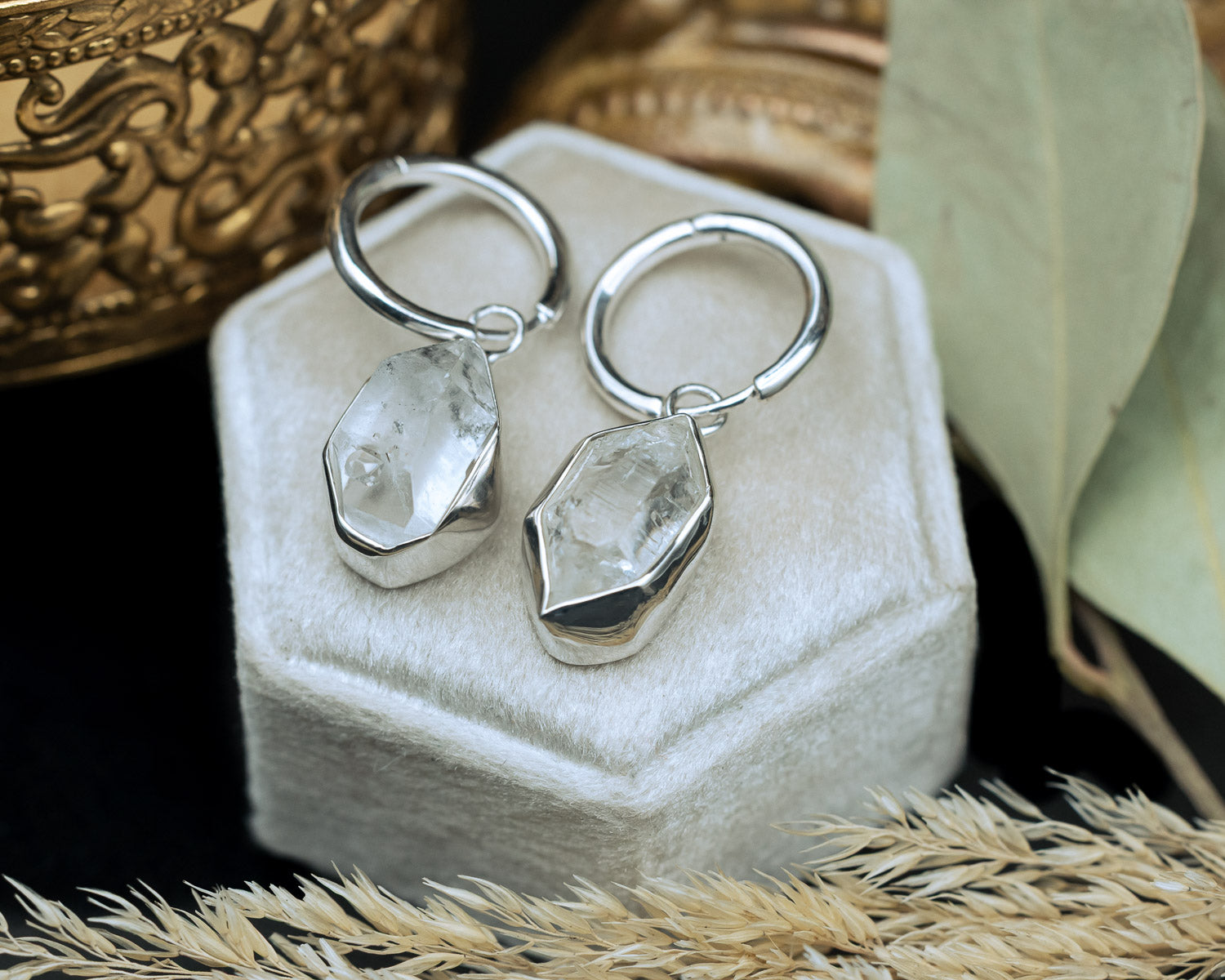 Product photo of Rhodium Plated Herkimer Diamond Quartz Earrings with a 925 Sterling Silver base